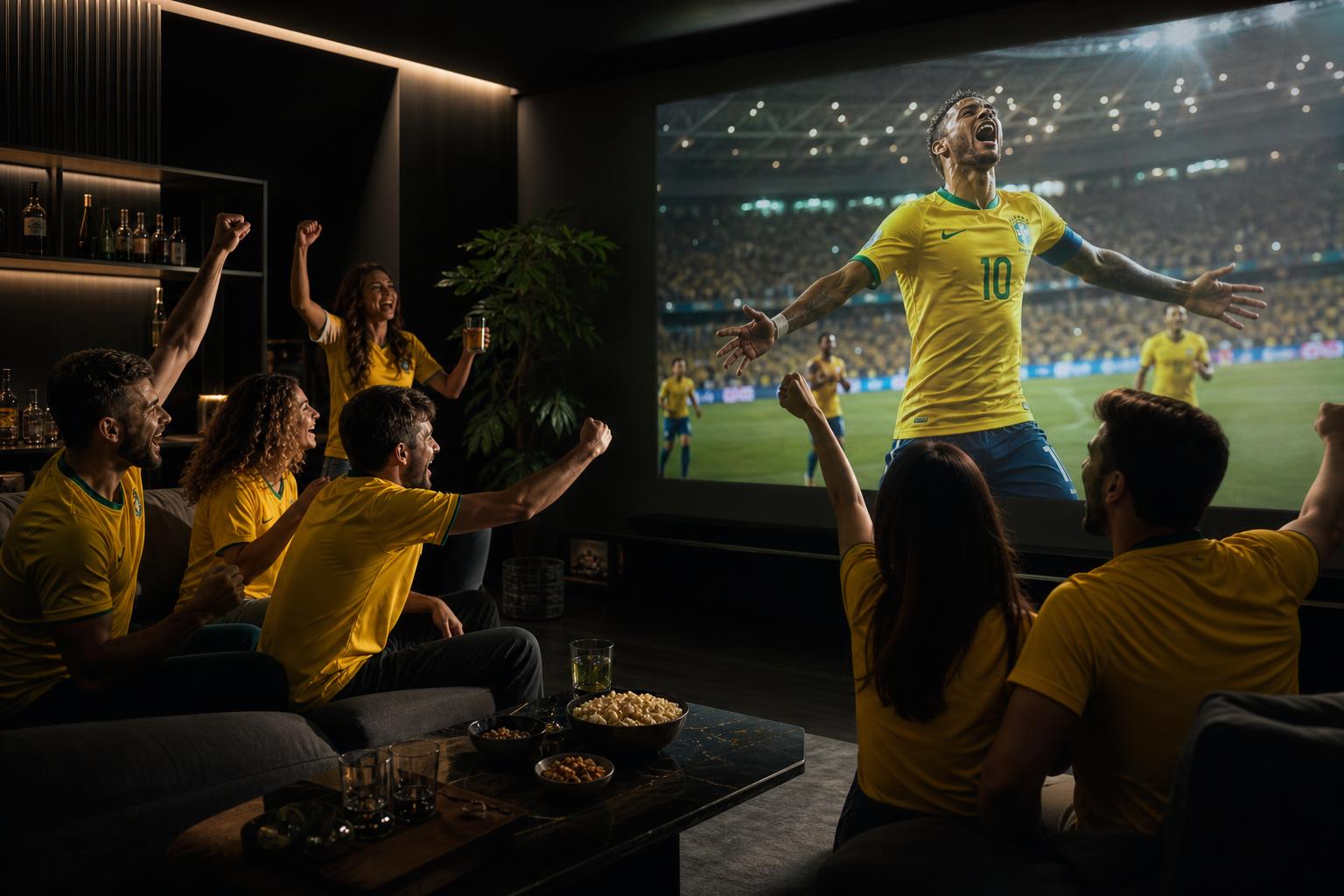Amigos com camisas do Brasil comemorando um gol em um ambiente premium com projeção gigante da ArenaBox